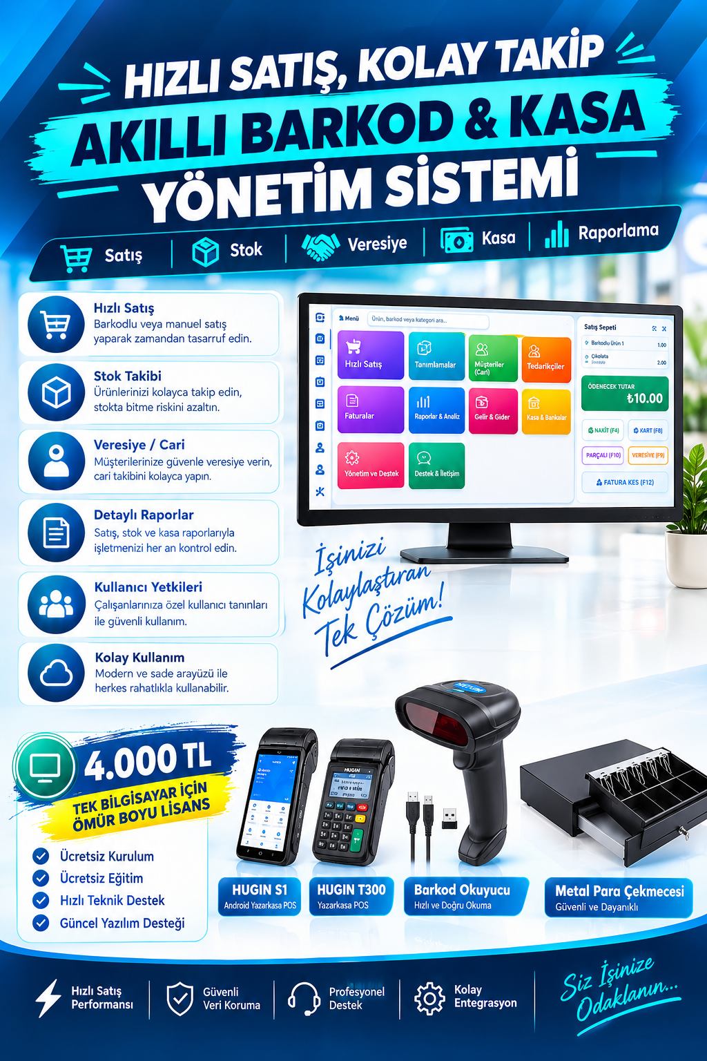 Akıllı barkod ve kasa yönetim sistemi: satış, stok, veresiye, kasa ve raporlama