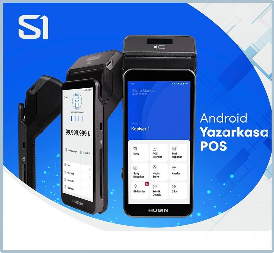 Hugin S1 Android yazarkasa POS, önden ve yandan
